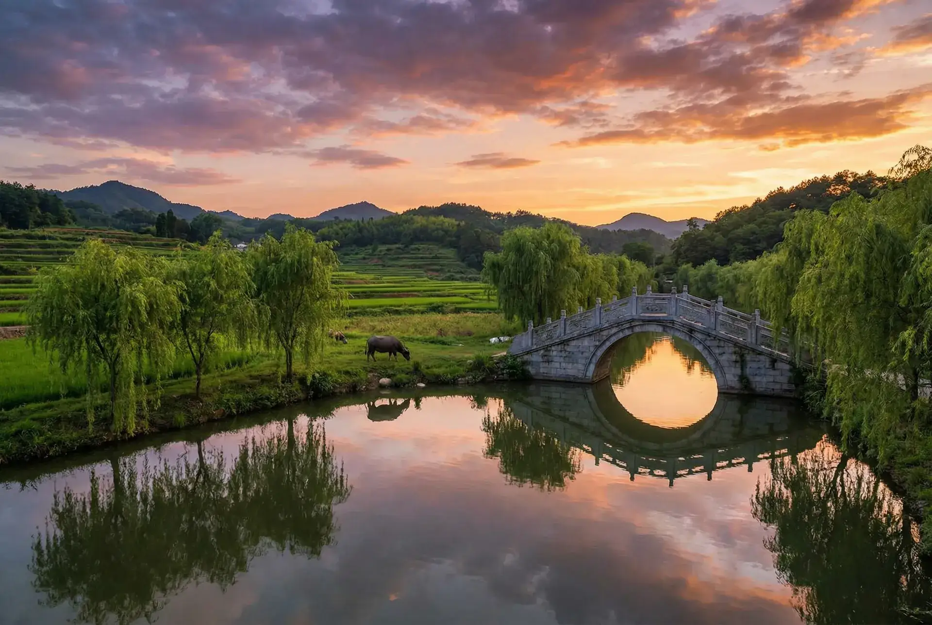 夕阳下的石拱桥与垂柳，水牛在河边吃草 - 两个人一前一后的上我 乡村美景